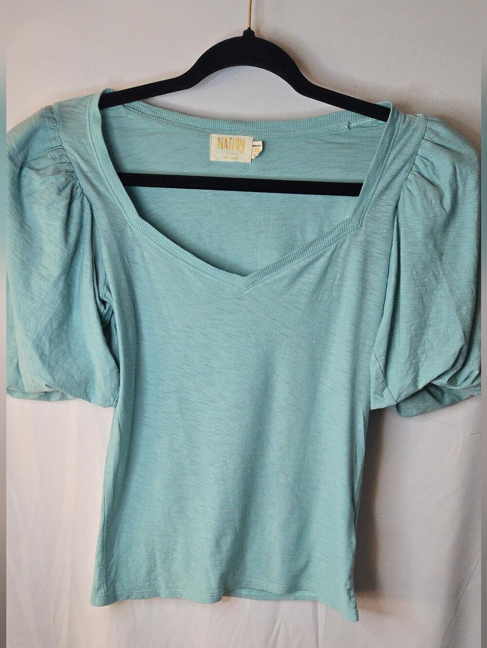 Nation LTD Traci Aqua Blue Bubble Puff Sleeve V-Neck Short Sleeve Top XS
